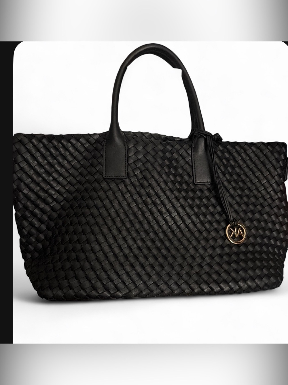Anne Klein Black Woven Tote with Gold Charm